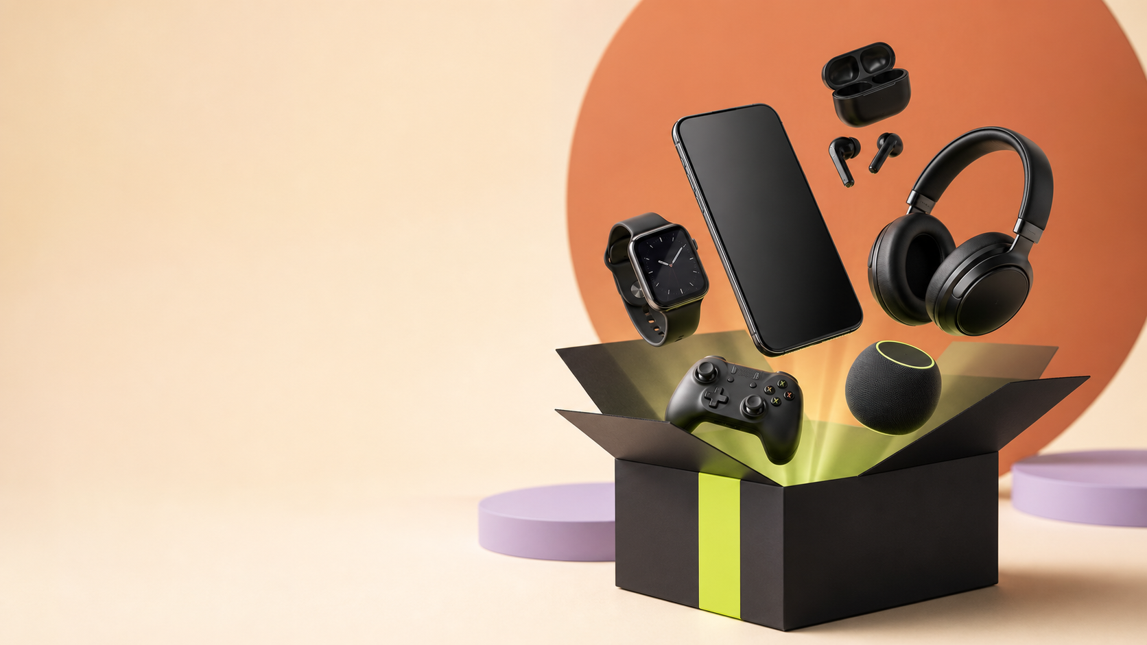Second Box mit Smartphone, Smartwatch, Kopfhörern und weiteren Technikprodukten
